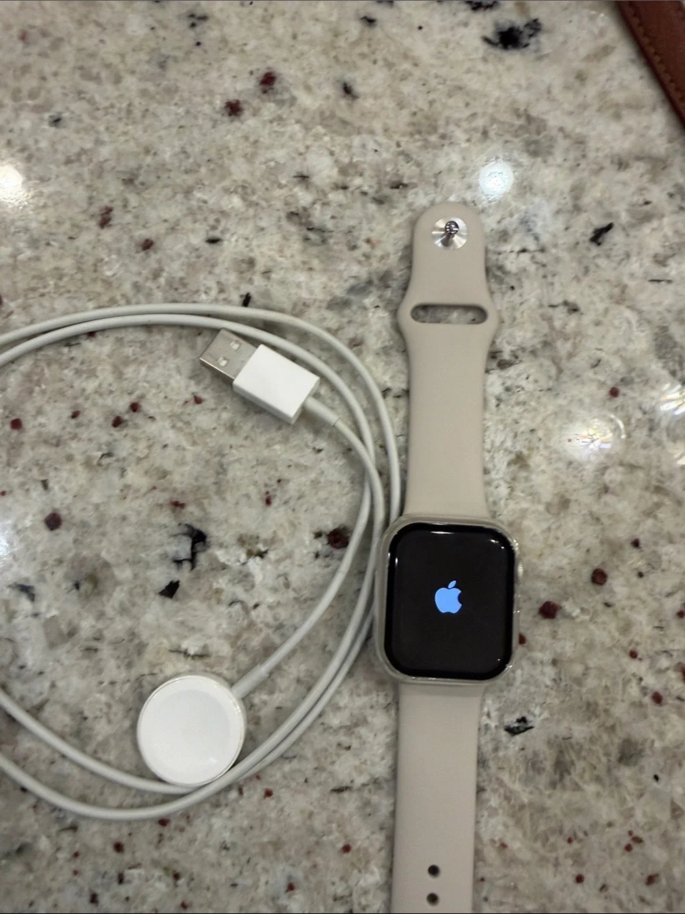 Apple Watch with Stone Silicone Band and White Charger